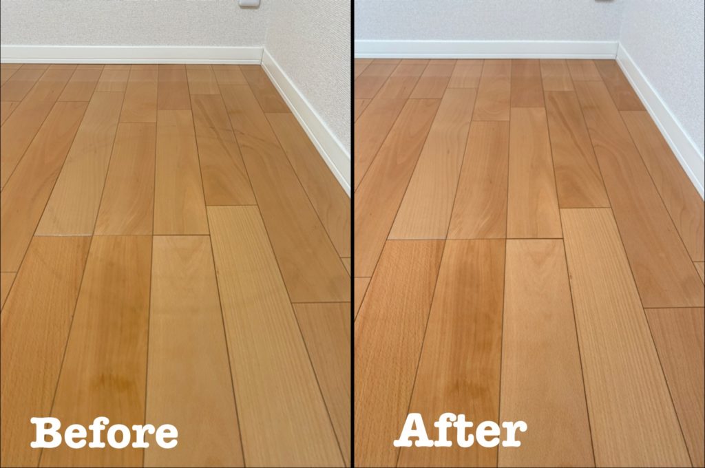 フローリングタイヤ痕補修ビフォーアフター