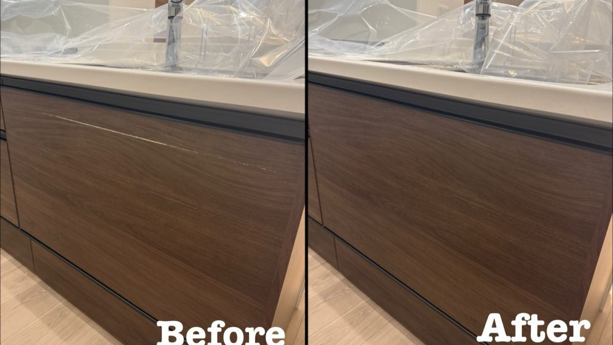 原状回復工事 キッチン引き出し表面プリント剥がれ補修 / 埼玉県久喜市